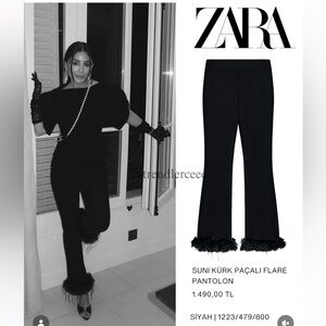 Zara black pants feather with fax fur hem